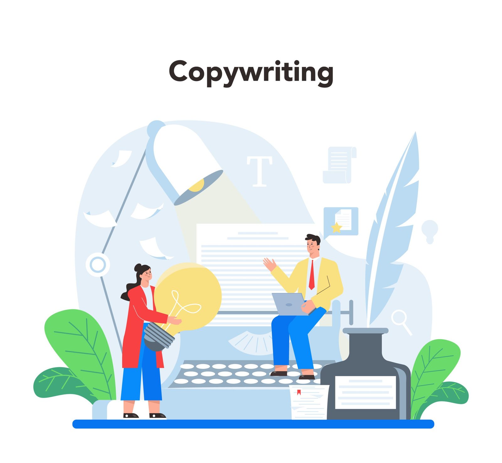 Copywriter concept. Writing and designing texts, creativity and promotion idea. Finding information and making valuable content. Vector flat illustration